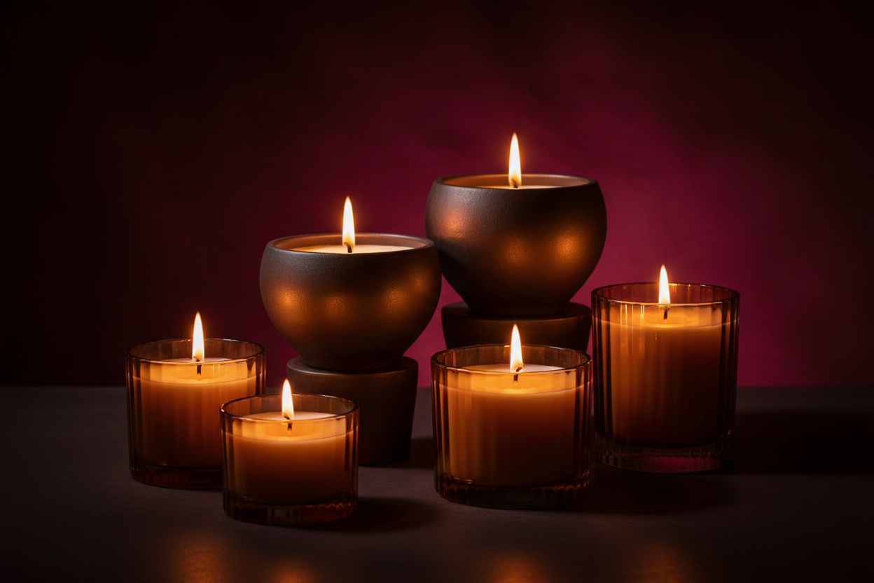 quero algo mais elegante e sifisticado, com velas feitas em ceramica ou vidro na cor ambar e pavios de madeira a queimar.